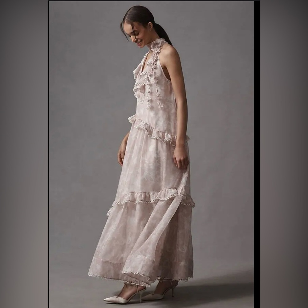 Anthropologie BHLDN High-Neck Ruffle Printed Organza Maxi Dress -Size L - Picture 2 of 7